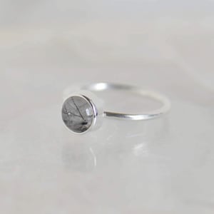 Image of Black Rutilated Quartz cabochon cut classic silver ring