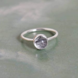 Image of Black Rutilated Quartz cabochon cut classic silver ring