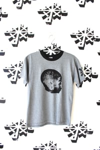 Image of head on straight ringer tee in gray/black