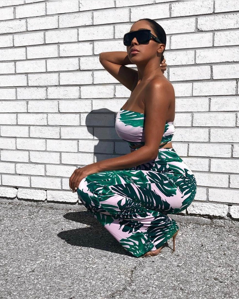 Image of PALM PRINT TROUSER & CROP TOP SET  (MEDIUM)