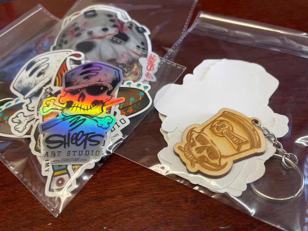 3 Sheets Sticker Pack + Wooden Key Chain