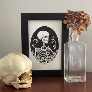 Skeleton And Flowers Original Drawing in Frame