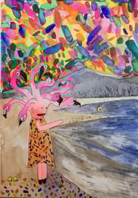 Flamingo Medusa and scared stone with rainbow sky