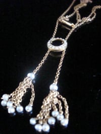 Image 1 of Original Edwardian 15ct yellow gold halo tassel seed pearl necklace chain with barrel clasp