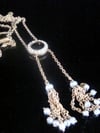 Original Edwardian 15ct yellow gold halo tassel seed pearl necklace chain with barrel clasp