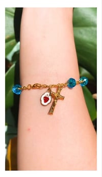 Image 2 of Turquoise Glass Bead Rosary Bracelet (Gold finish)