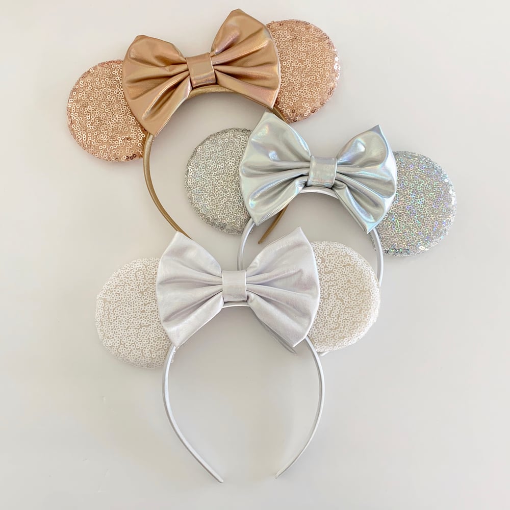 Image of Sequin Mouse Ears with Faux Leather Holographic Bow