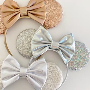 Image of Sequin Mouse Ears with Faux Leather Holographic Bow