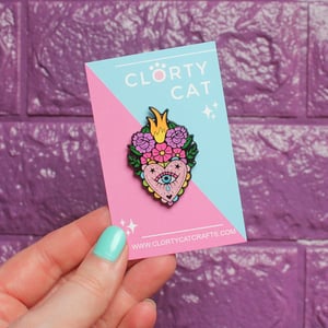 Image of Floral flaming heart enamel pin - sacred crying heart - creepy cute - pastel goth - lapel pin badge