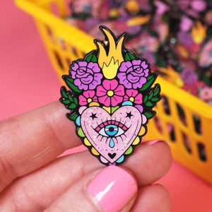 Image of Floral flaming heart enamel pin - sacred crying heart - creepy cute - pastel goth - lapel pin badge