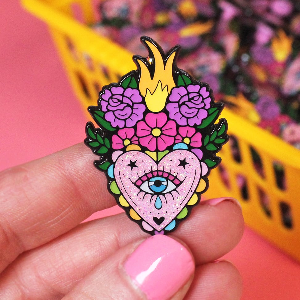 Floral flaming heart enamel pin - sacred crying heart - creepy cute -  pastel goth - lapel pin badge