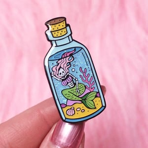 Image of Undead Mermaid in a Bottle enamel pin - skeleton - creepy cute - pastel goth - lapel pin badge