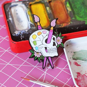 Image of Skull paint palette enamel pin - starving artist - creepy cute - pastel goth - lapel pin badge