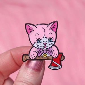 Image of Kitten with axe enamel pin - cat pin - creepy cute - pastel goth - lapel pin badge