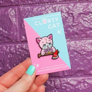 Image of Kitten with axe enamel pin - cat pin - creepy cute - pastel goth - lapel pin badge