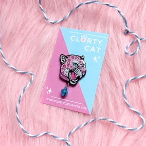 Image of Loveheart leopard with bell enamel pin - charm pin - creepy cute - pastel goth - lapel pin badge