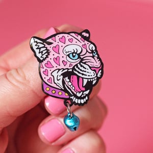 Image of Loveheart leopard with bell enamel pin - charm pin - creepy cute - pastel goth - lapel pin badge