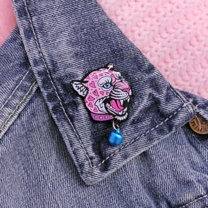 Image of Loveheart leopard with bell enamel pin - charm pin - creepy cute - pastel goth - lapel pin badge
