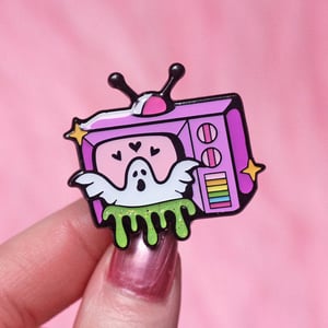 Image of Haunted TV set enamel pin - ghost pin - creepy cute - pastel goth - lapel pin badge