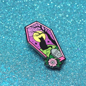 Image of Coffin cat graveyard scene enamel pin - cat pin - creepy cute - pastel goth - lapel pin badge
