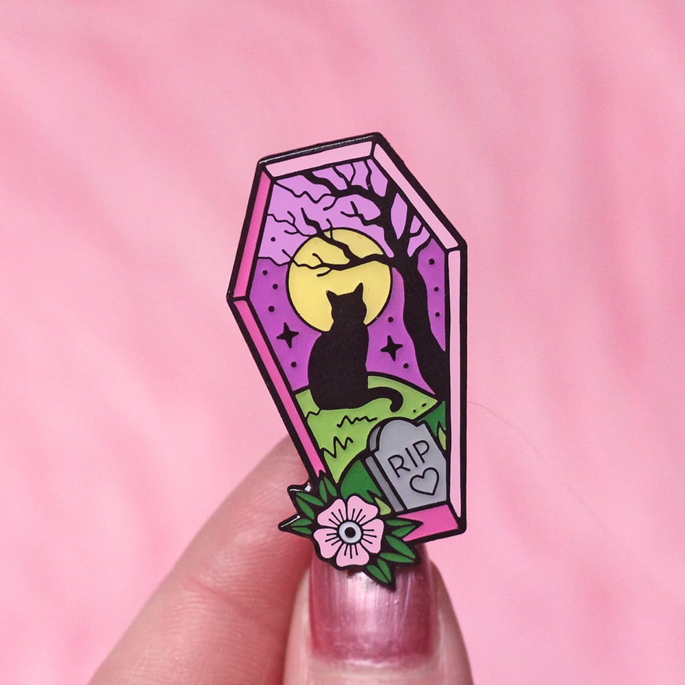 Image of Coffin cat graveyard scene enamel pin - cat pin - creepy cute - pastel goth - lapel pin badge