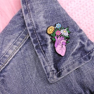 Image of Anatomical heart with flowers enamel pin - floral pin - creepy cute - pastel goth - lapel pin badge