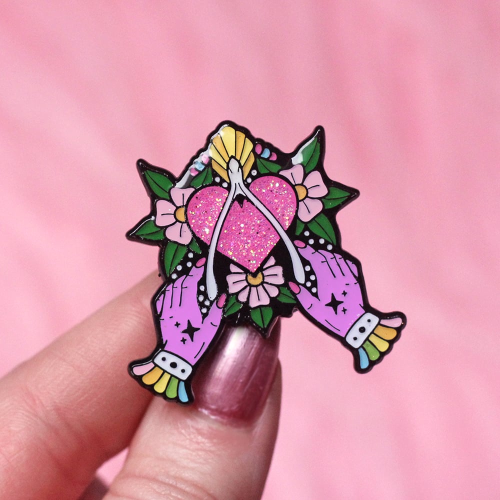 Image of Wishbone & witchy hands enamel pin - witch pin - creepy cute - pastel goth - lapel pin badge