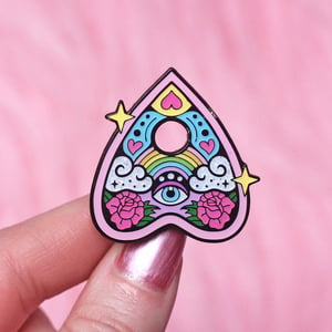 Image of Rainbow ouija planchette enamel pin - talking board - creepy cute - pastel goth - lapel pin badge