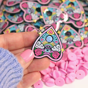 Image of Rainbow ouija planchette enamel pin - talking board - creepy cute - pastel goth - lapel pin badge