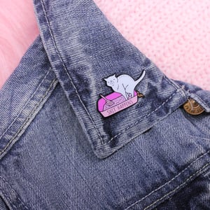 Image of Shit Happens cat enamel pin - litter box - sweary pin - iridescent glitter - lapel pin badge