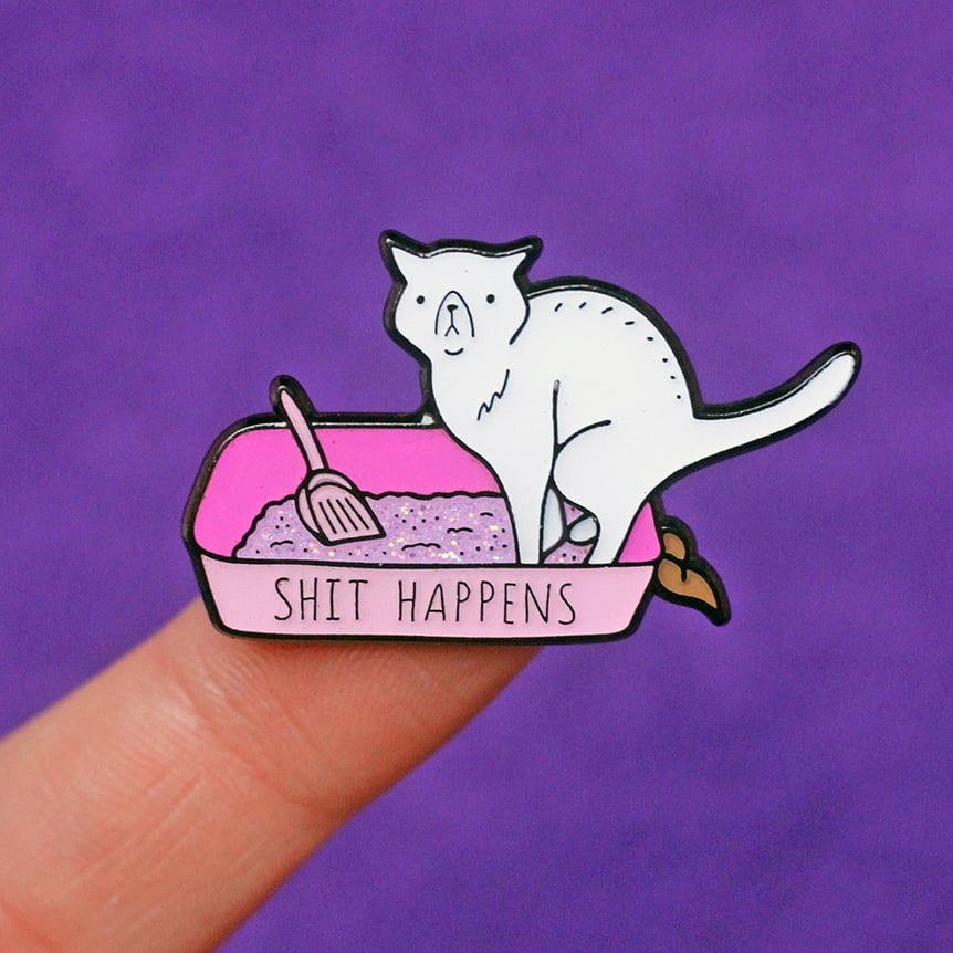 Image of Shit Happens cat enamel pin - litter box - sweary pin - iridescent glitter - lapel pin badge