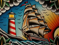 Image 3 of Original painting on wood  with SAILING SHIP and LIGHTHOUSE 🎨