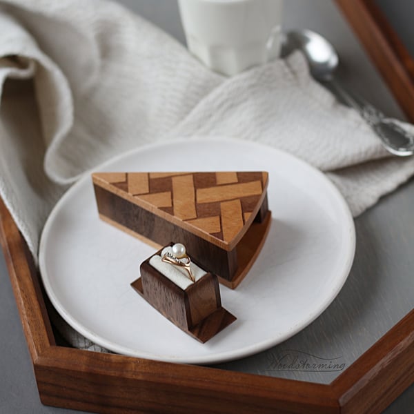 Image of Pie shape ring box with secret drawer