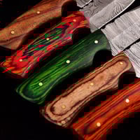 Image 3 of Set of 5 Handmade Damascus Steel Skinner Knives with Dollar Wood Handles & Cowhide Leather Sheaths