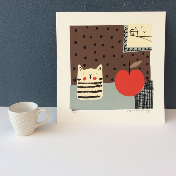 Image of Cat and Apple silk screen print