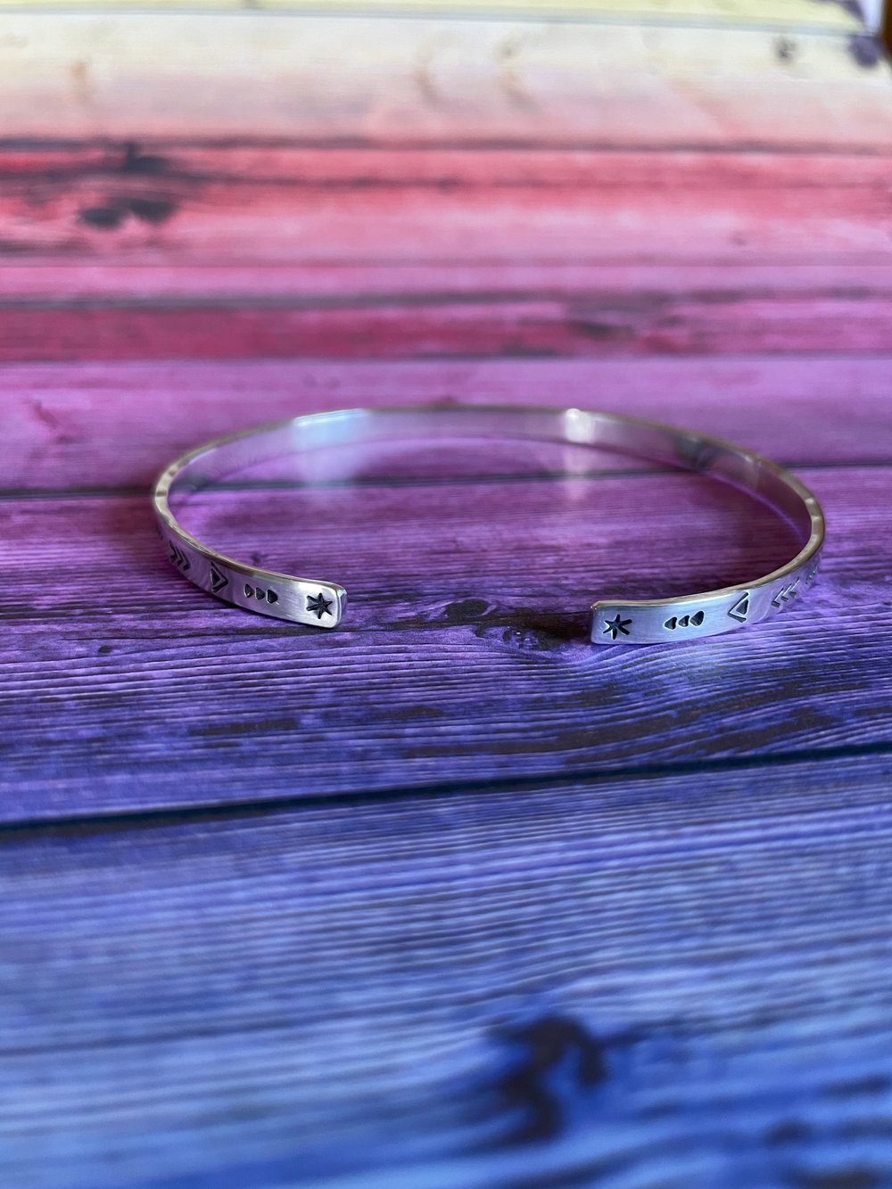 Aztec symbol stamped sterling cuff bracelet (4mm wide). Hand stamped silver 925 bracelet.