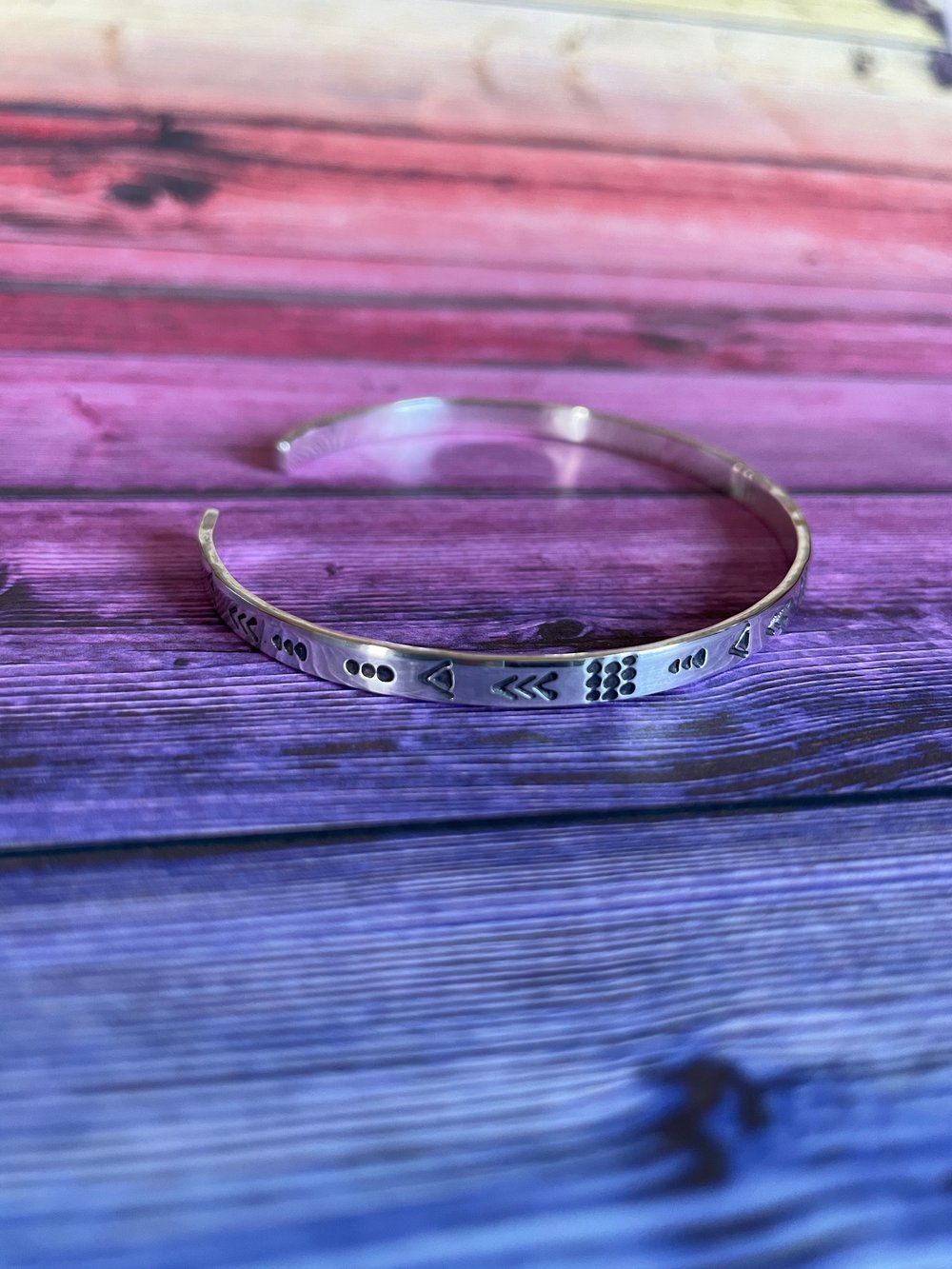 Aztec symbol stamped sterling cuff bracelet (4mm wide). Hand stamped silver 925 bracelet.