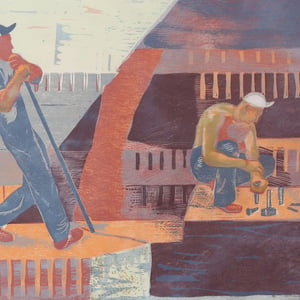 Image of Mid-century, Swedish Woodcut, 'Construction Workers.' 