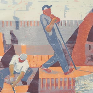 Image of Mid-century, Swedish Woodcut, 'Construction Workers.'