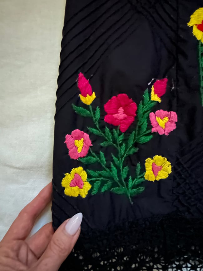 1970s cotton hand embroidered black halter maxi dress sundress mexican pintuck