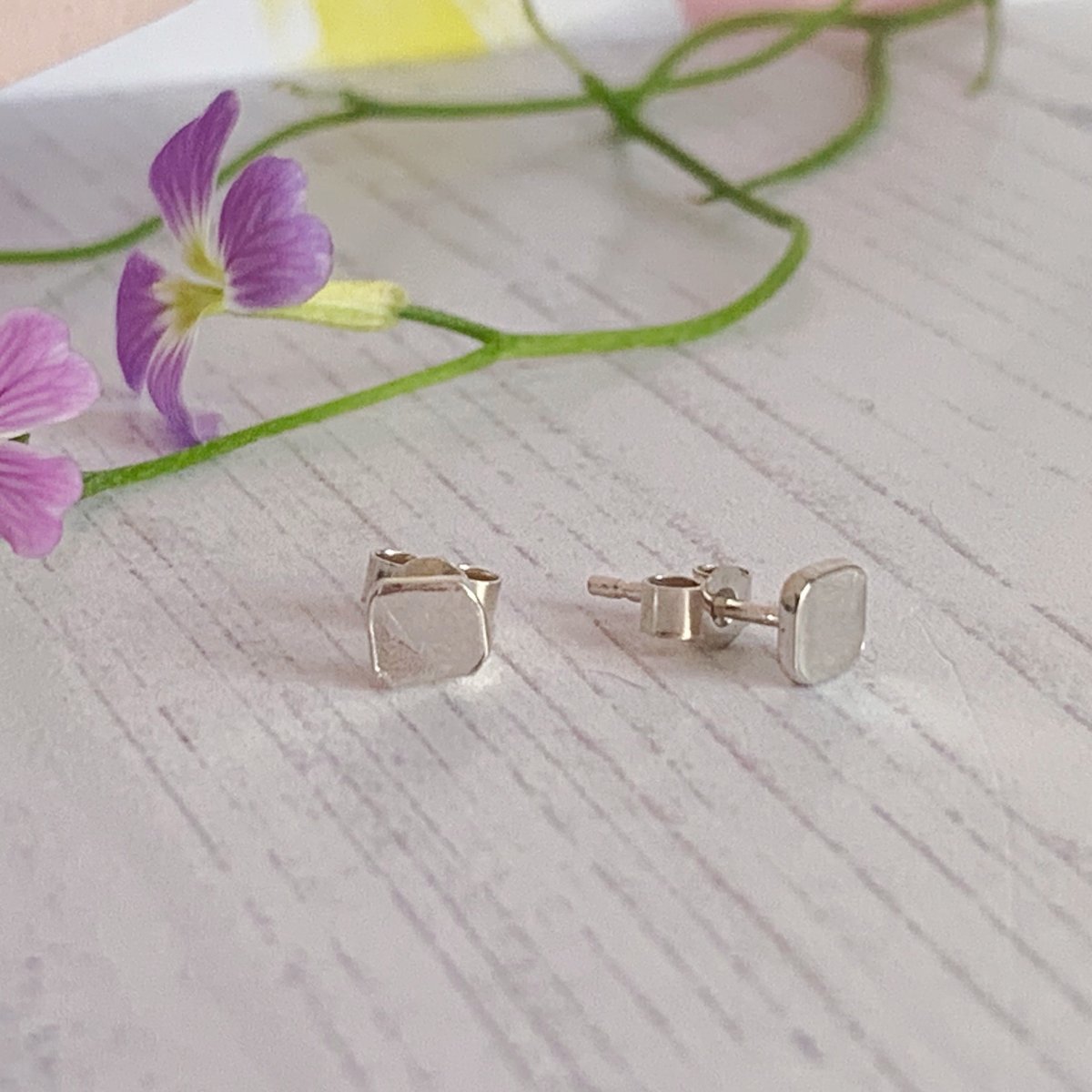 Image of Minimal recycled sterling silver small square studs, matt finish.