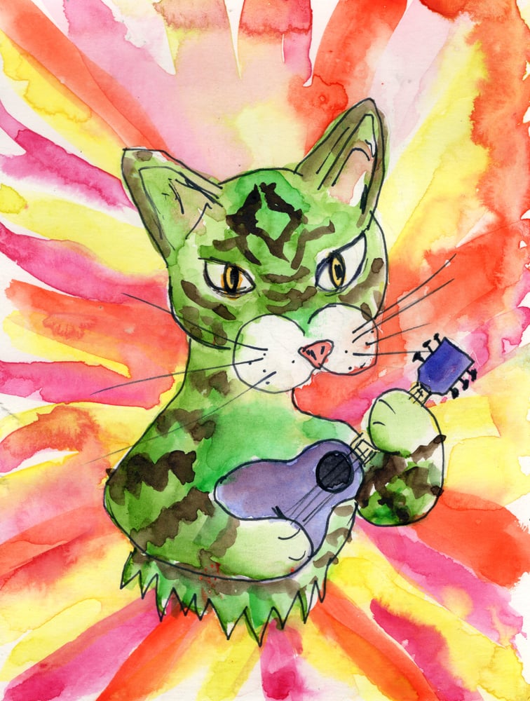 Image of Green Cat Strummer painting with MINI GREEN CAT STRUMMER PAINTING