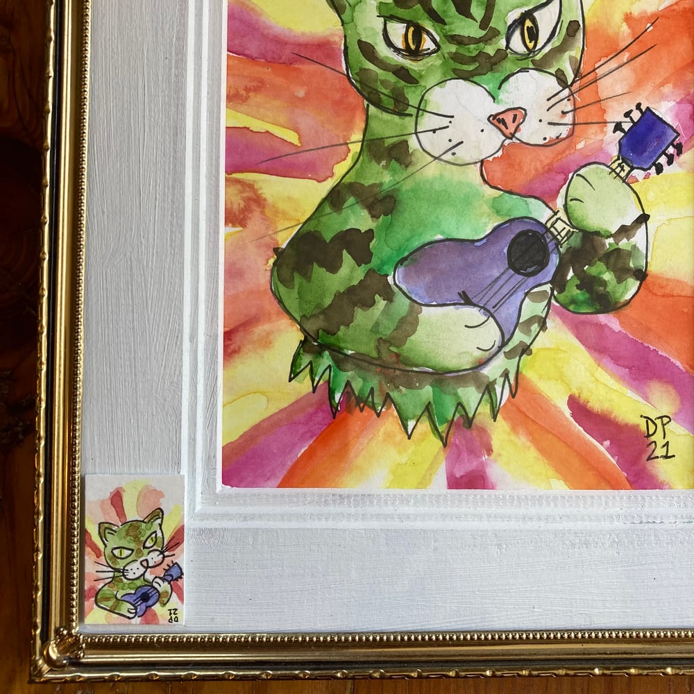 Image of Green Cat Strummer painting with MINI GREEN CAT STRUMMER PAINTING