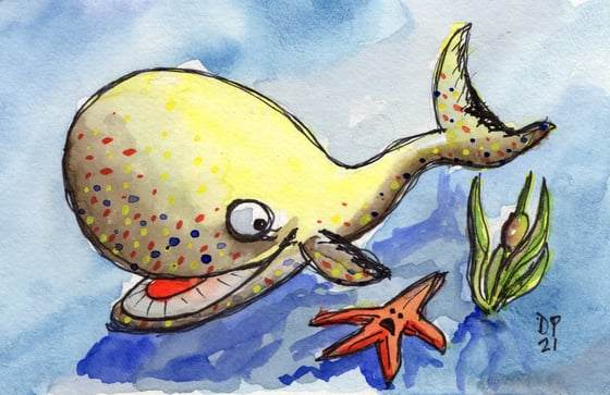 Image of Whale Starfish Seaweed original watercolor painting