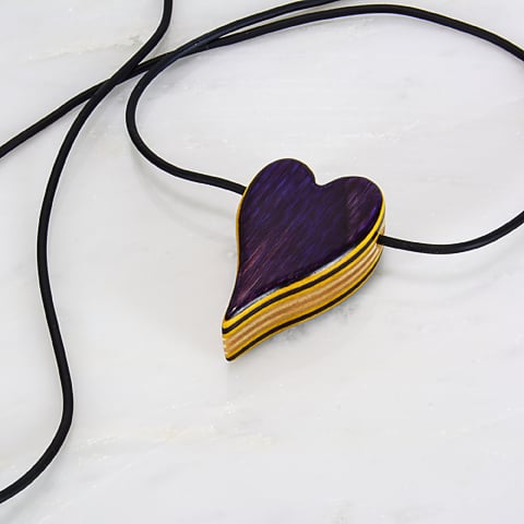 Image of Purple Heart With Yellow Accents Wooden Necklace, Wood Charm Pendant, Minimalist Jewelry