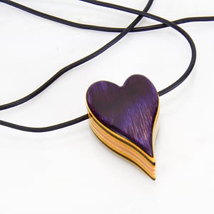 Image of Purple Heart With Yellow Accents Wooden Necklace, Wood Charm Pendant, Minimalist Jewelry