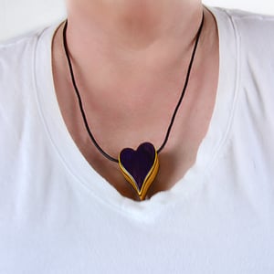 Image of Purple Heart With Yellow Accents Wooden Necklace, Wood Charm Pendant, Minimalist Jewelry