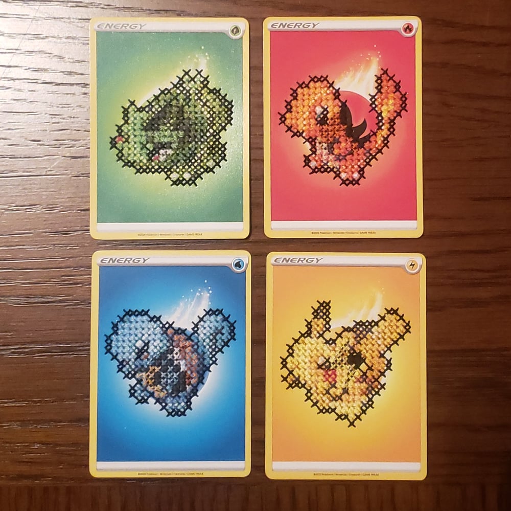 Kanto Starters - Cross Stitched Pokémon Cards
