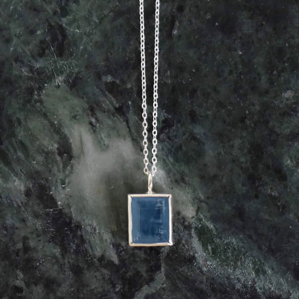 Image of Deep Blue Aquamarine rectangular cut silver necklace