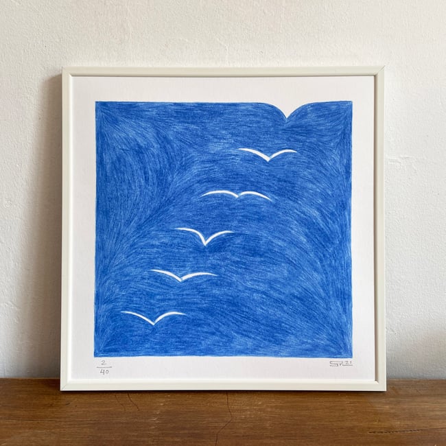 White birds, blue sky